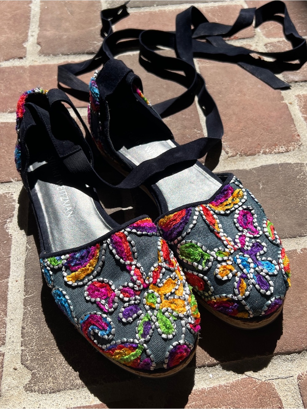 Multicolor Embroidered Espadrille Flats with Black Wrap Ties